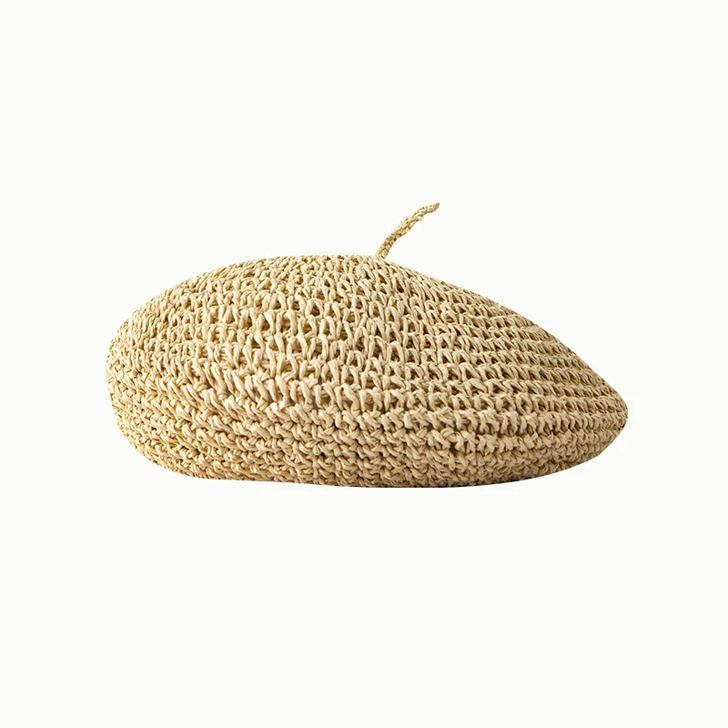 Letni słomkowy beret damski szydełkowy Beżowy