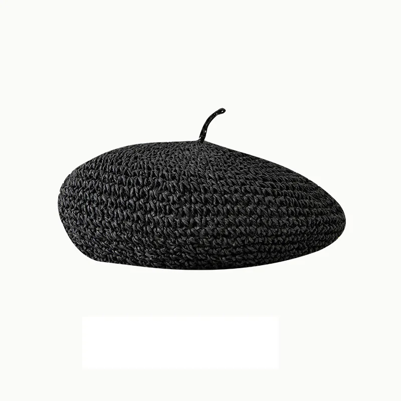 Letni słomkowy beret damski szydełkowy Czarny
