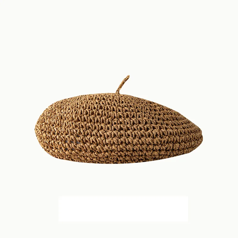 Letni słomkowy beret damski szydełkowy Khaki