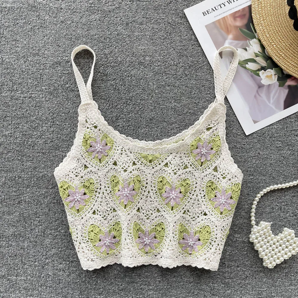 Letni top szydełkowy z haftem kwiatowym bez rękawów sznurowany żółty