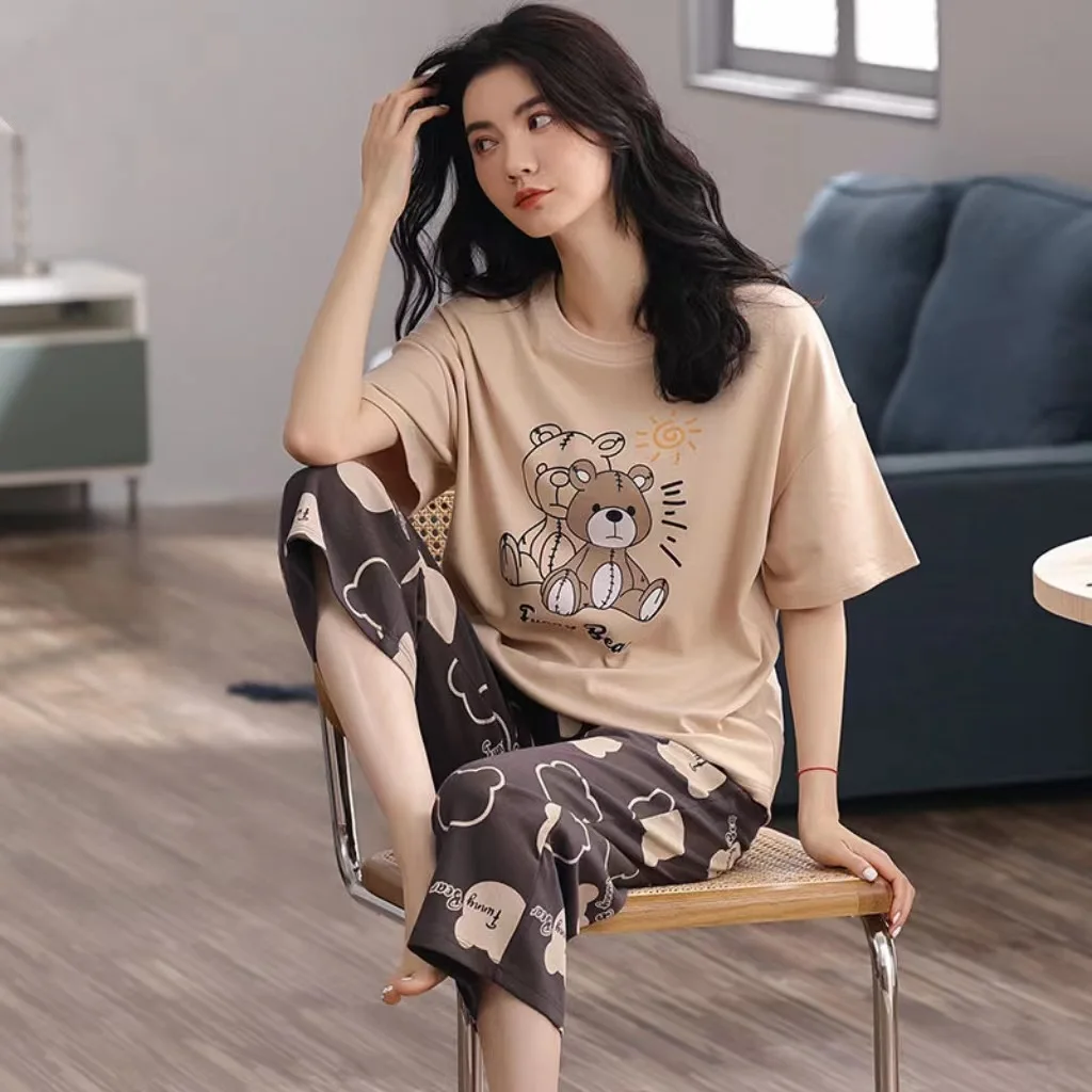 Letnia piżama damska z krótkim rękawem — luźny koreański komplet plus size Khaki