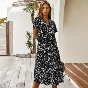 Letnia sukienka damska boho w kwiaty z paskiem Czarny