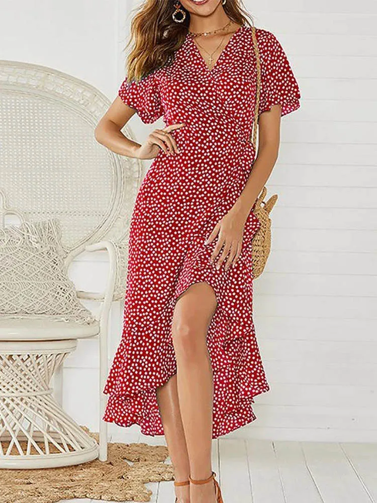 Letnia sukienka maxi boho w kwiaty z dekoltem V Czerwony
