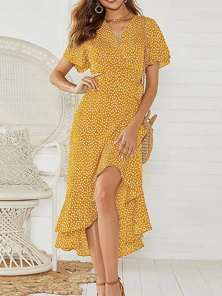 Letnia sukienka maxi boho w kwiaty z dekoltem V żółty