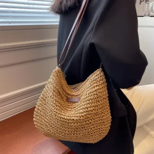 Letnia torebka ze słomy pleciona — crossbody na plażę i wakacje Khaki