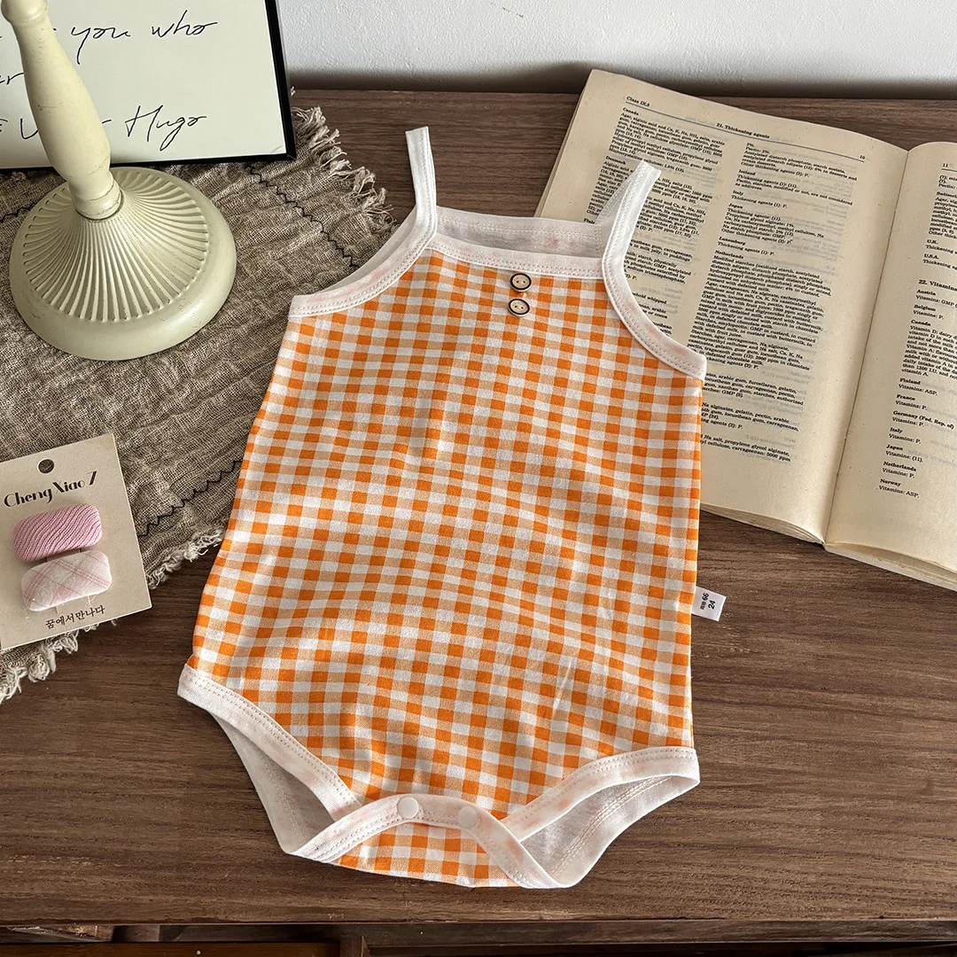 Letnie body pajacyk niemowlęcy w kratę bez rękawów Pomarańczowy