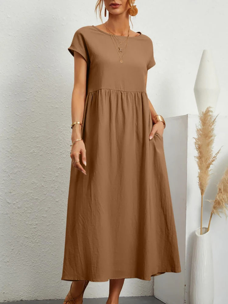 Lniana sukienka maxi z kieszeniami w stylu vintage Brązowy