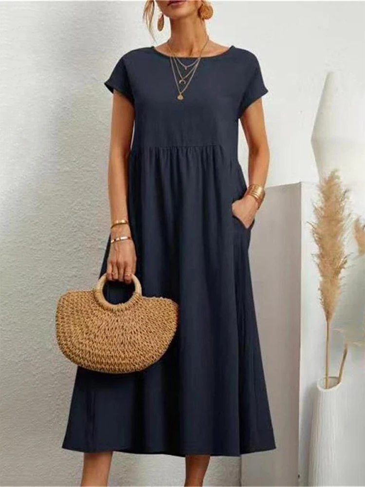 Lniana sukienka maxi z kieszeniami w stylu vintage Granatowy