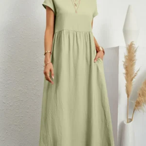 Lniana sukienka maxi z kieszeniami w stylu vintage Jasny zielony