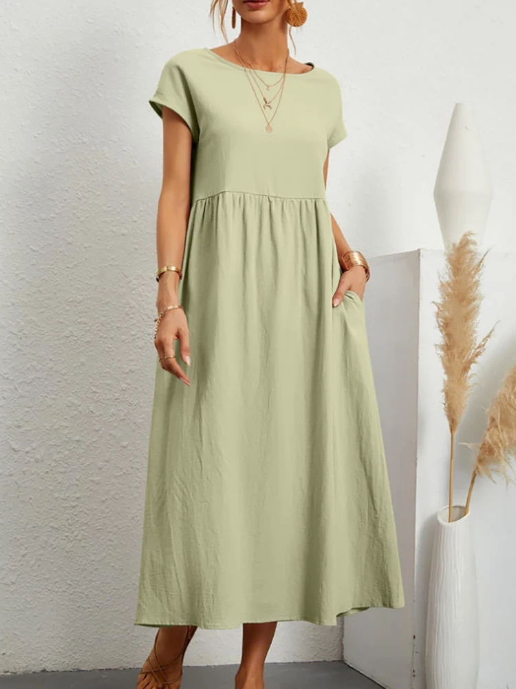Lniana sukienka maxi z kieszeniami w stylu vintage Jasny zielony