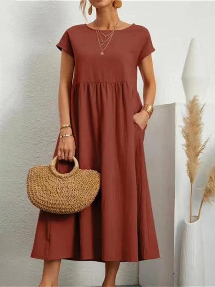Lniana sukienka maxi z kieszeniami w stylu vintage Czerwono-pomarańczowy
