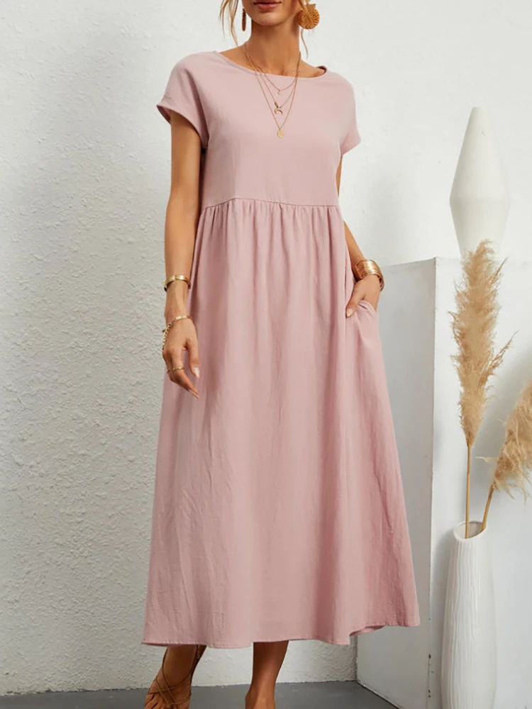 Lniana sukienka maxi z kieszeniami w stylu vintage Różowy