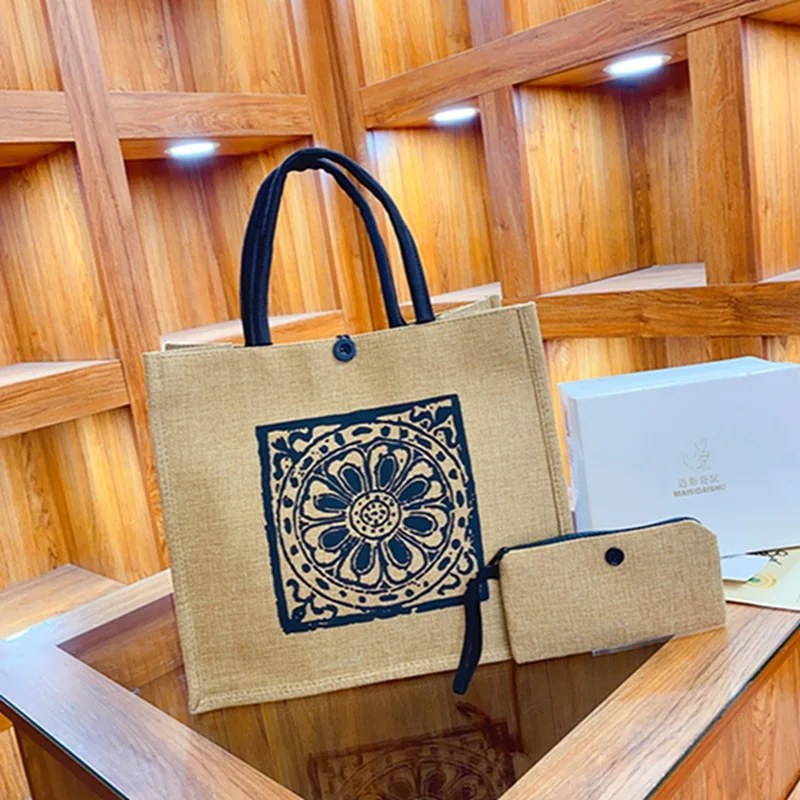 Lniana torba shopper zestaw 2 sztuki Square circle