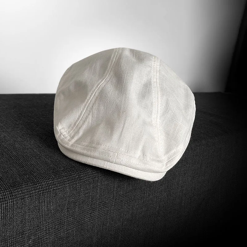 Lniany beret gazeciarz – czapka w stylu angielskim, oddychająca Biały