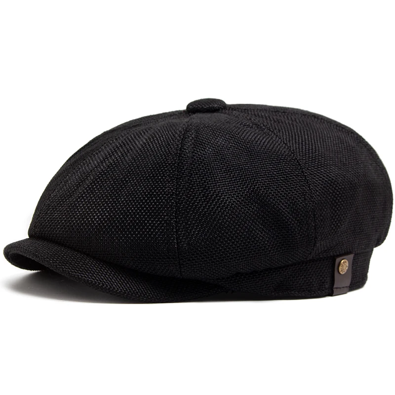 Lniany kaszkiet newsboy – retro czapka z daszkiem dla niej i dla niego Czarny