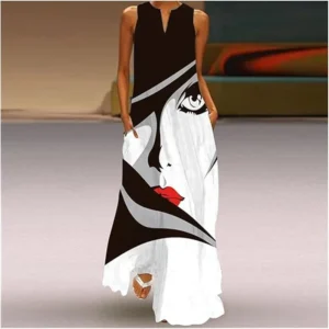 Luźna sukienka letnia bez rękawów z nadrukiem twarzy Brązowy