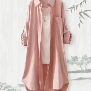 Luźna koszula tunika plus size z długim rękawem w stylu koreańskim Różowy