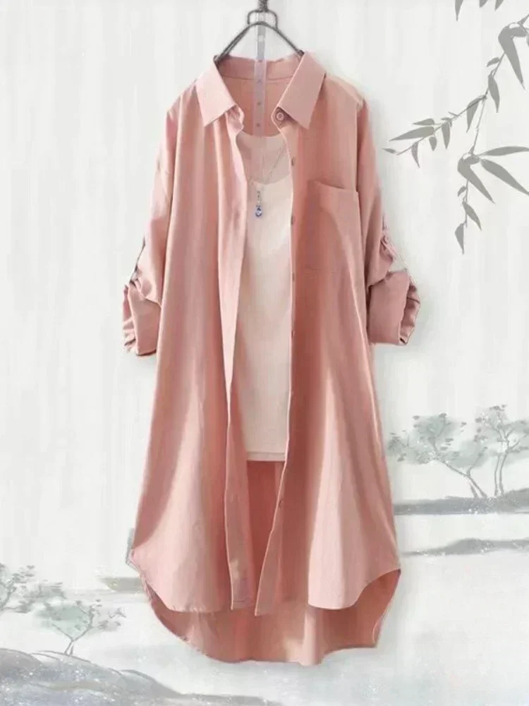 Luźna koszula tunika plus size z długim rękawem w stylu koreańskim Różowy