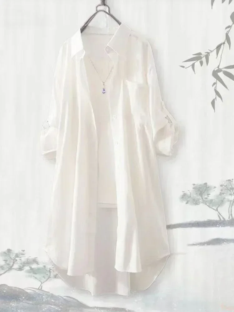 Luźna koszula tunika plus size z długim rękawem w stylu koreańskim Biały