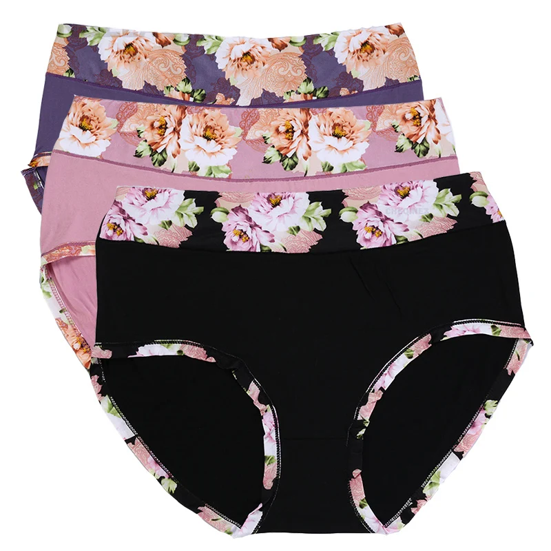 Majtki damskie plus size w kwiaty – zestaw 3 sztuk Czarny