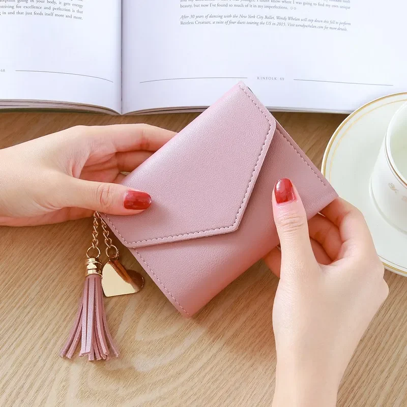 Mały portfel damski z frędzlami i etui na karty Lightpink