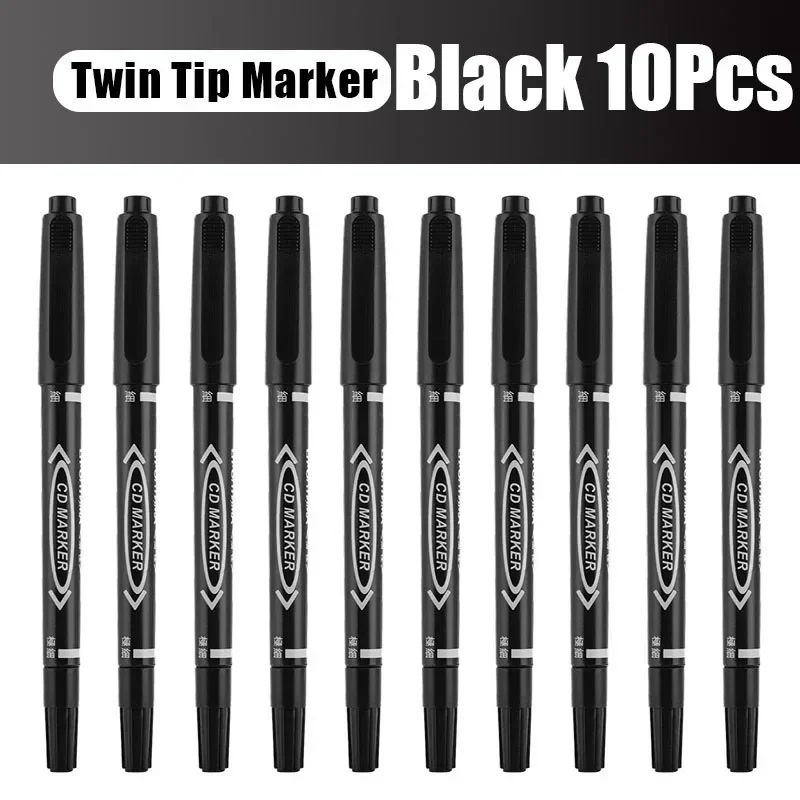 Markery permanentne Twin Tip zestaw 5/10 szt. — czarne, niebieskie, czerwone Biały