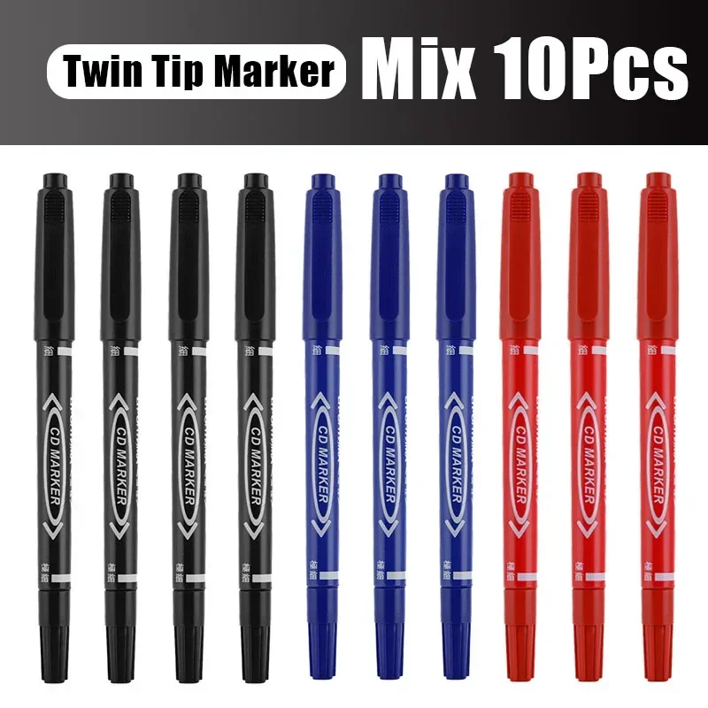 Markery permanentne Twin Tip zestaw 5/10 szt. — czarne, niebieskie, czerwone Bordowy