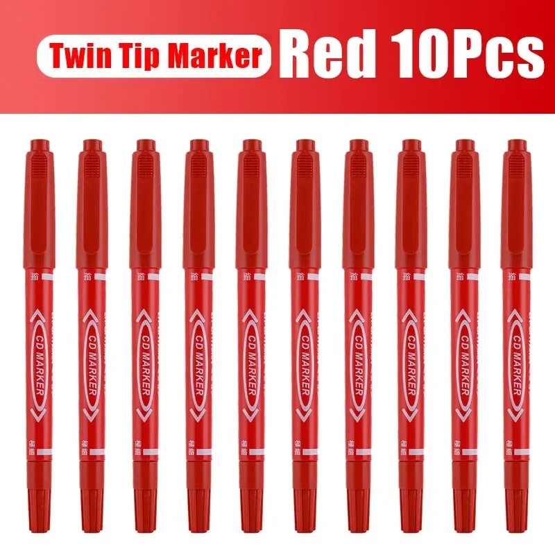 Markery permanentne Twin Tip zestaw 5/10 szt. — czarne, niebieskie, czerwone Czerwony