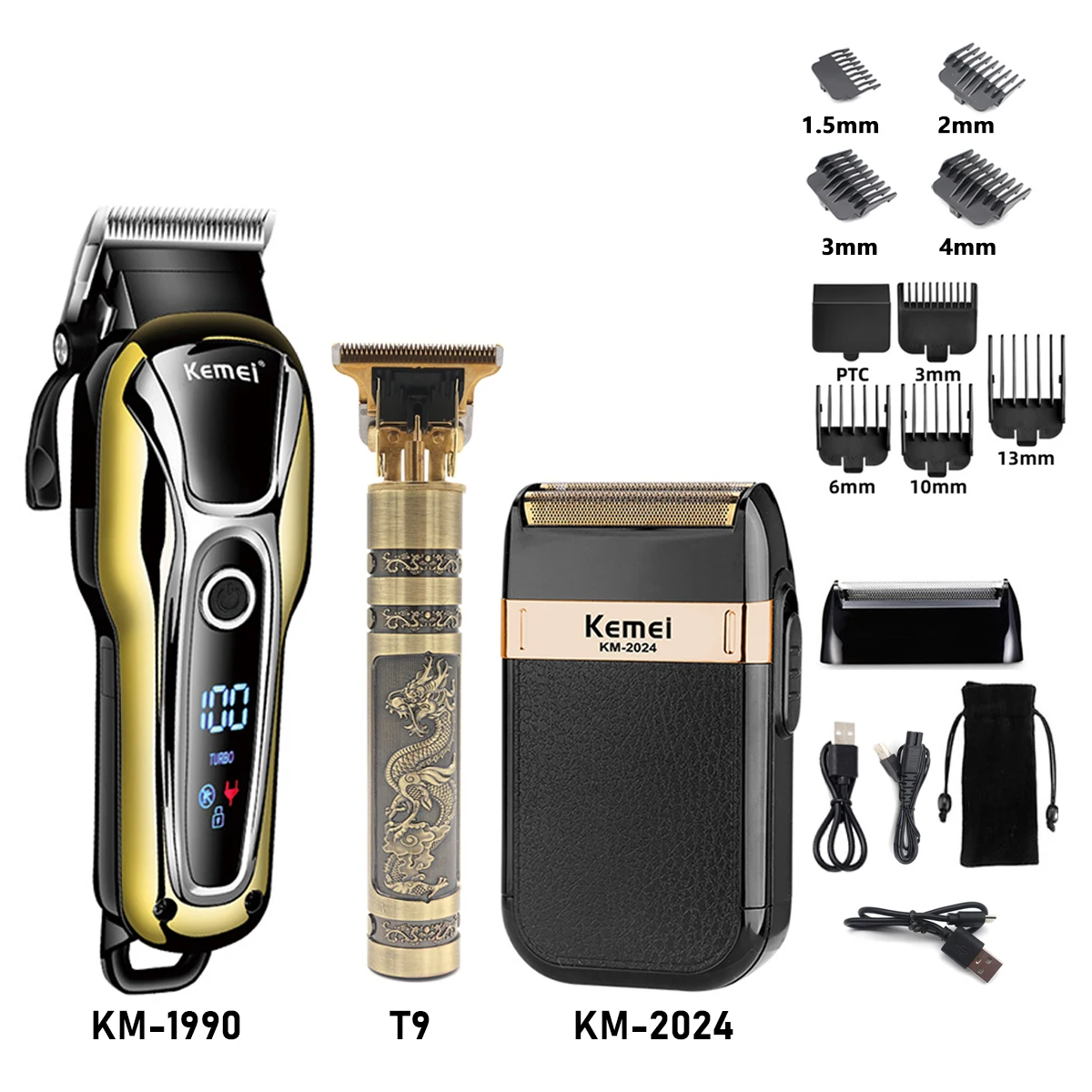 Maszynka do golenia Kemei KM-2024 z USB i trymerem Kit3