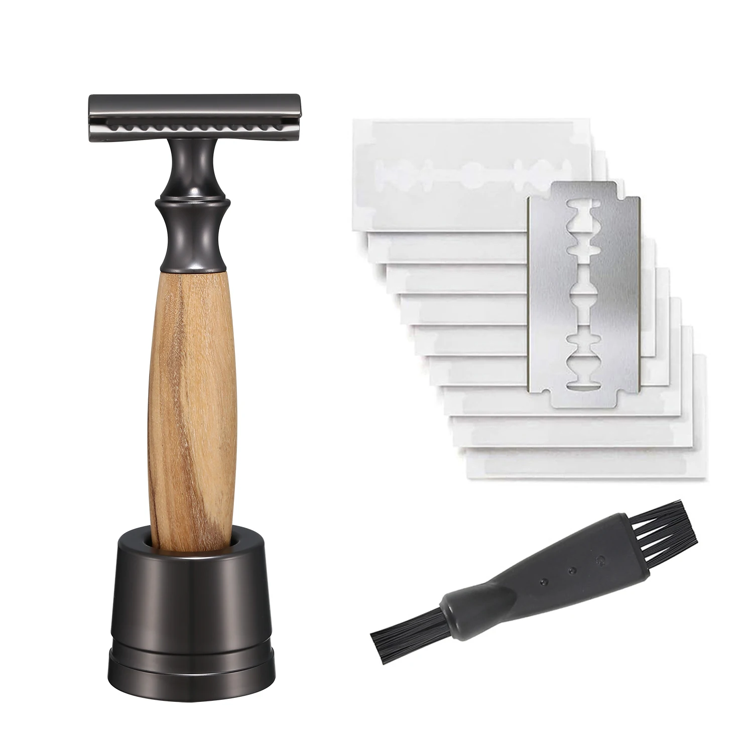 Klasyczna maszynka do golenia na żyletki z drewna oliwnego z 10 ostrzami Razor and stand