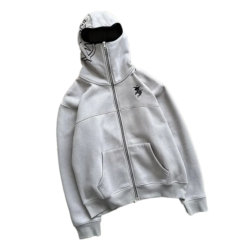 Męska bluza z kapturem na zamek, oversize, styl streetwear Biały
