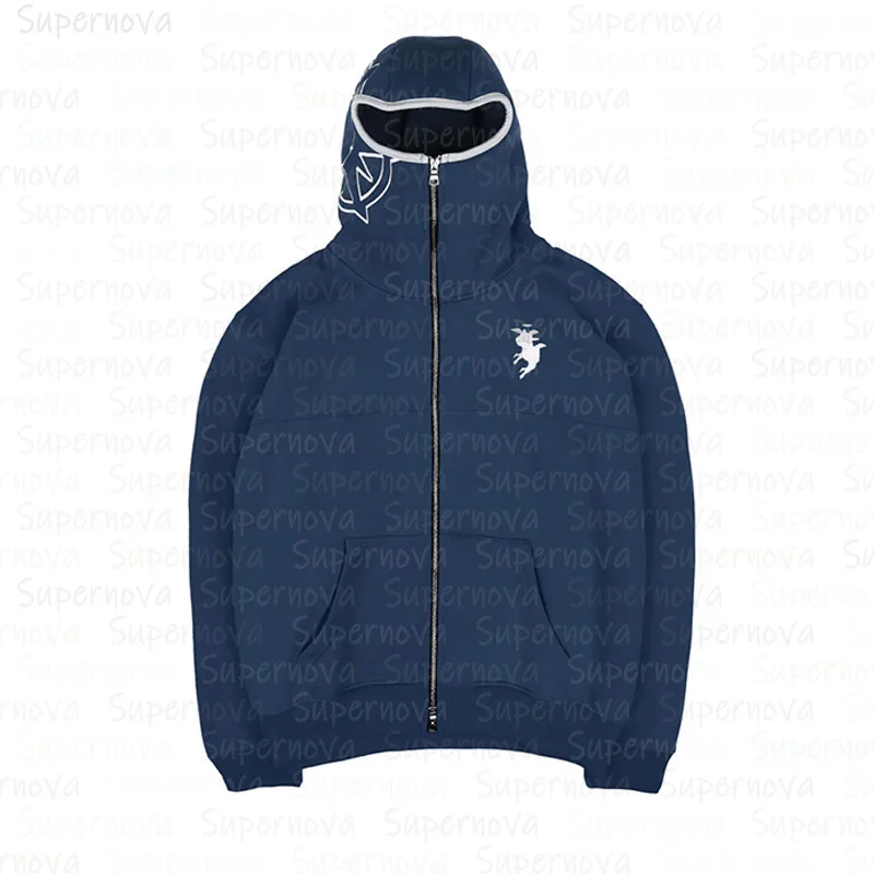 Męska bluza z kapturem na zamek, oversize, styl streetwear Granatowy