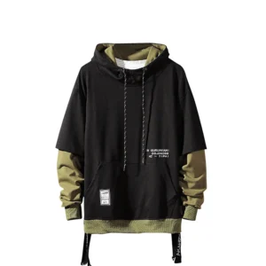 Męska bluza z kapturem patchwork colorblock - streetwear hip hop Khaki