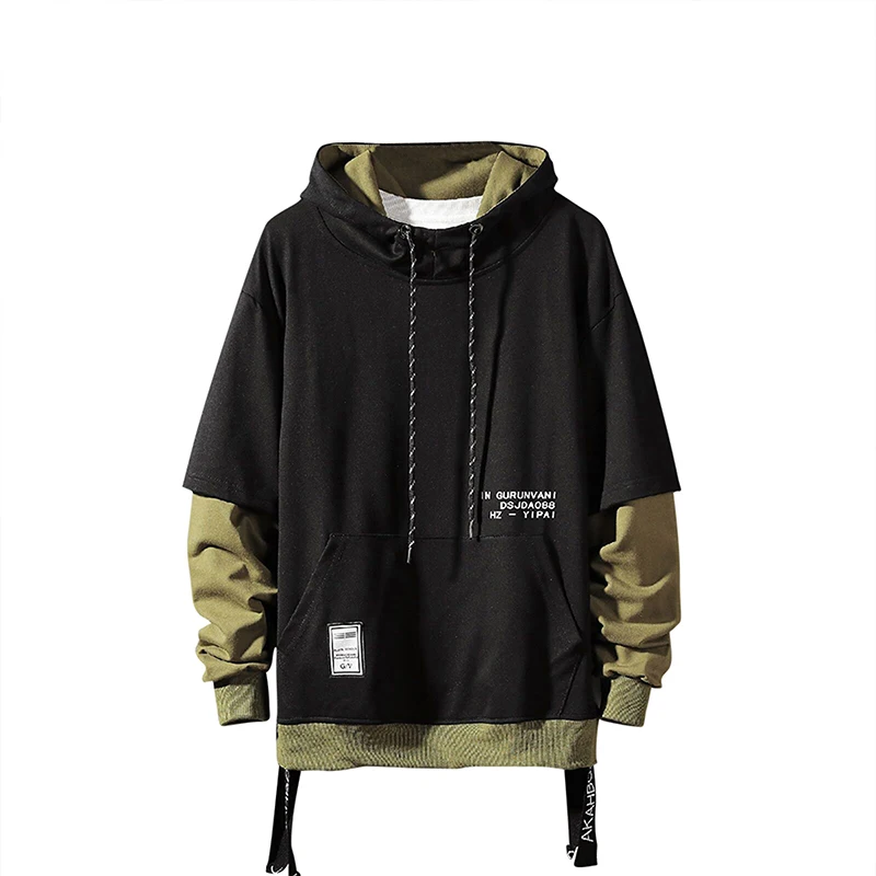Męska bluza z kapturem patchwork colorblock - streetwear hip hop Khaki