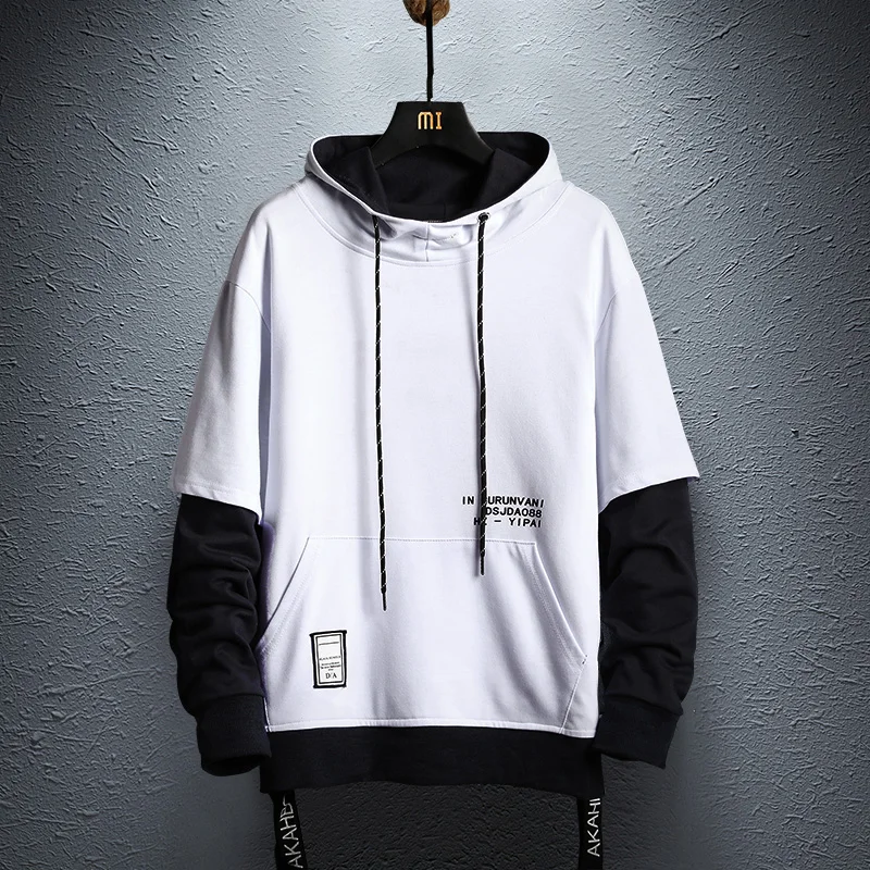 Męska bluza z kapturem patchwork colorblock - streetwear hip hop Biały