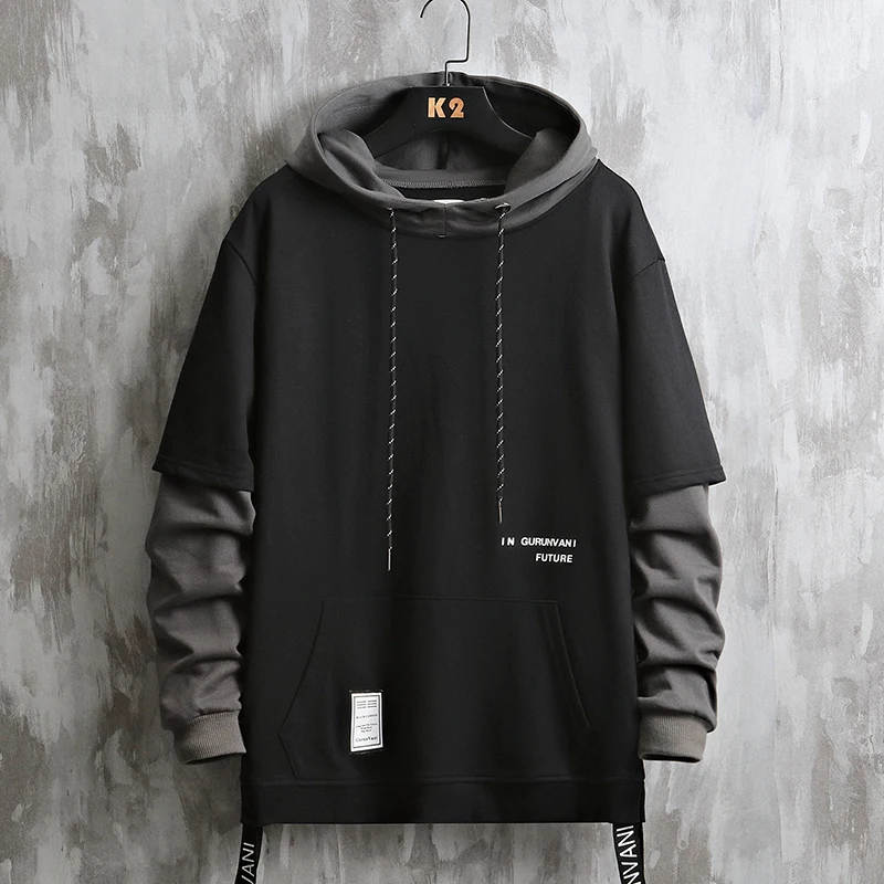 Męska bluza z kapturem patchwork colorblock - streetwear hip hop Czarny