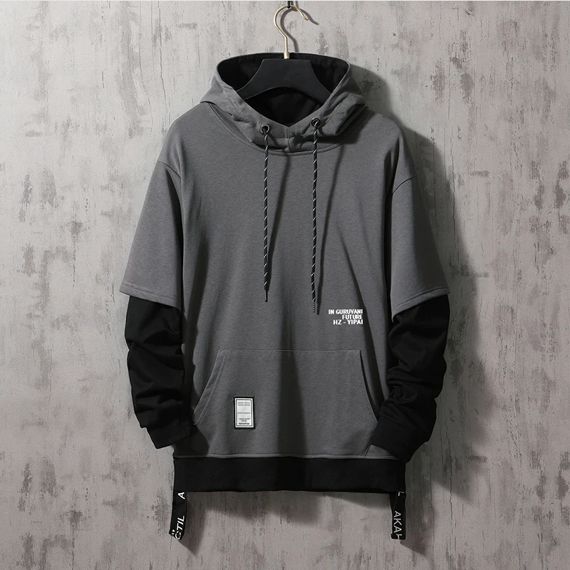 Męska bluza z kapturem patchwork colorblock - streetwear hip hop Szary