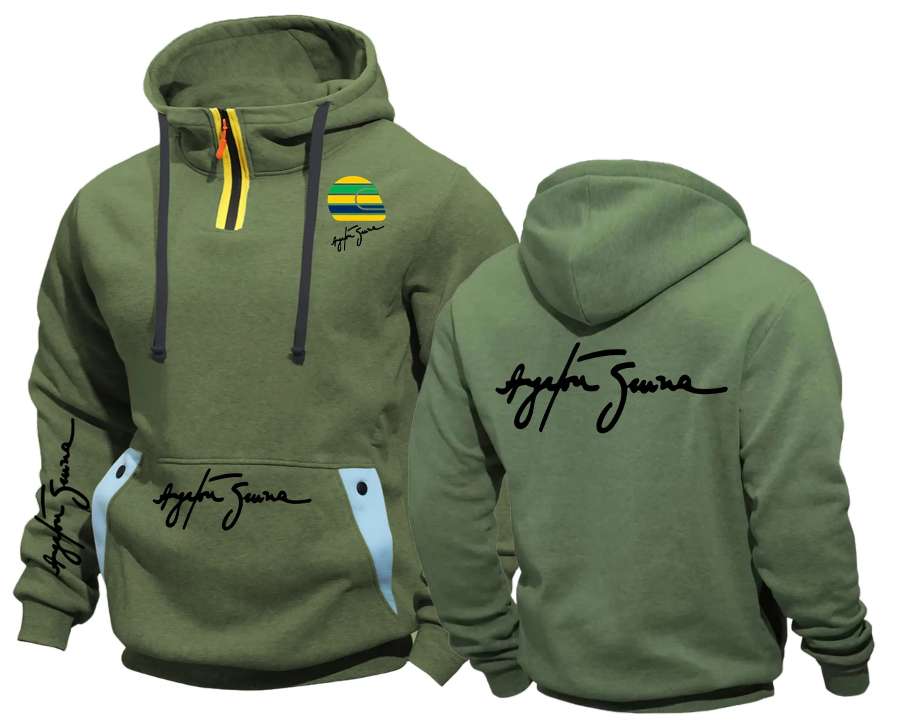 Męska bluza z kapturem z polaru z zamkiem semi-zip Armijna zieleń