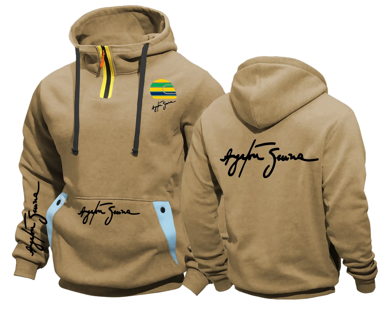 Męska bluza z kapturem z polaru z zamkiem semi-zip Khaki