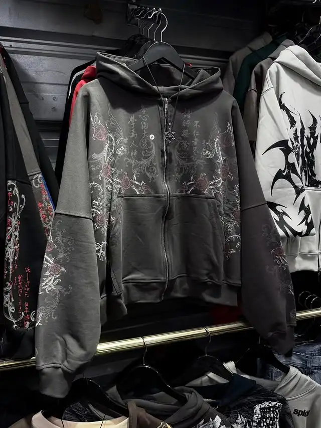 Męska bluza z kapturem na zamek z nadrukiem w stylu Y2K 8