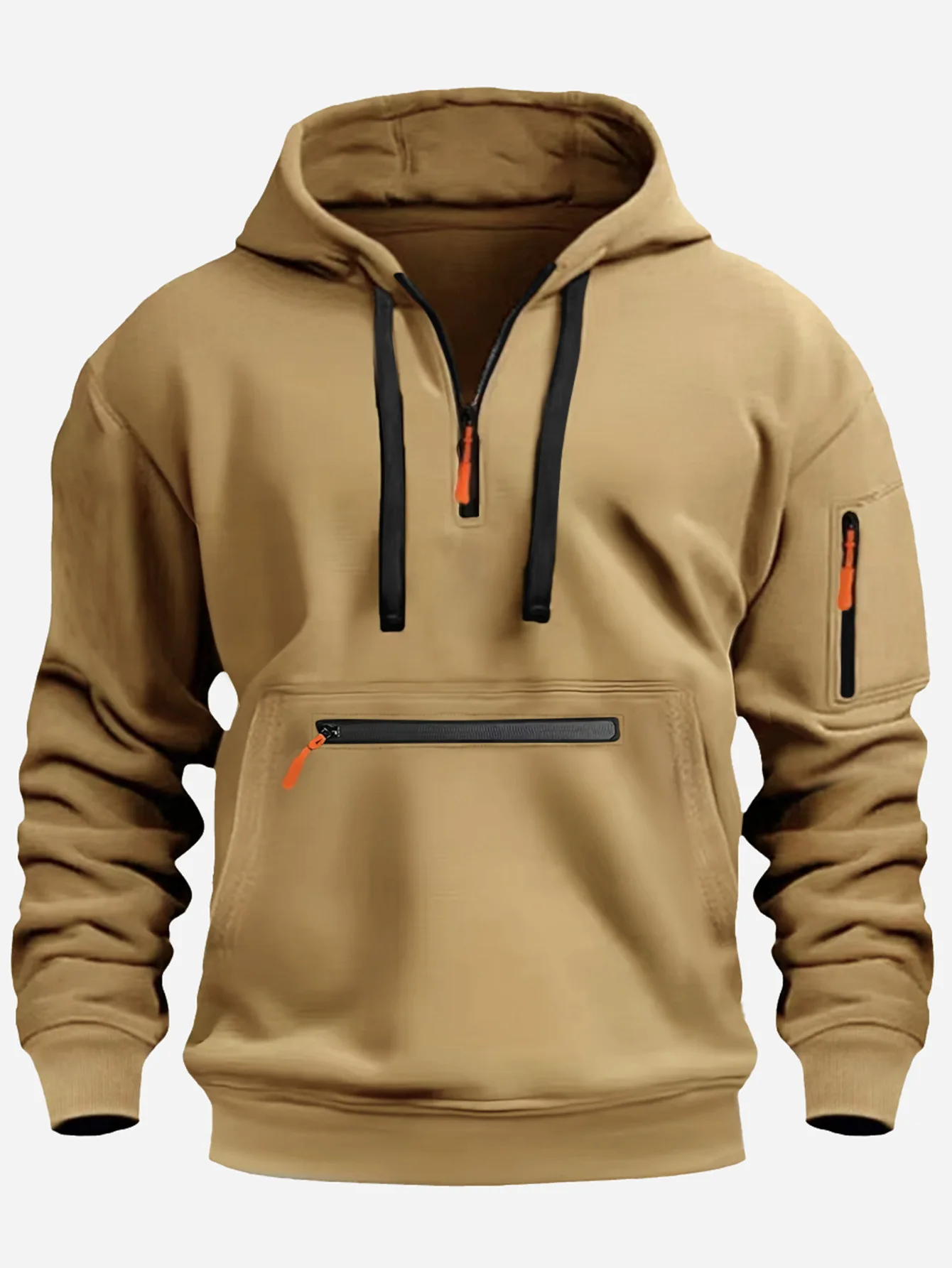 Męska bluza z kapturem na zamek, luźny krój w stylu retro street Khaki