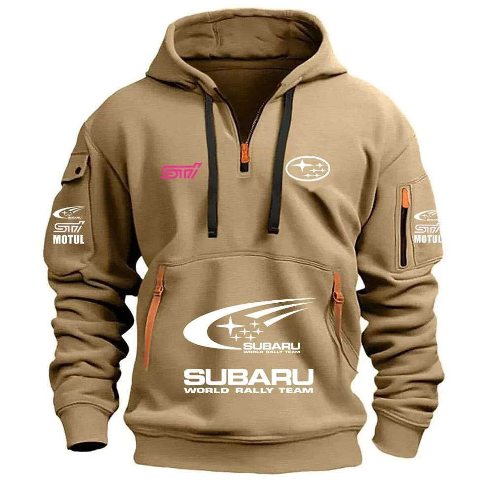 Męska bluza sportowa z kapturem i kieszenią kangurką, ciepły polar Khaki