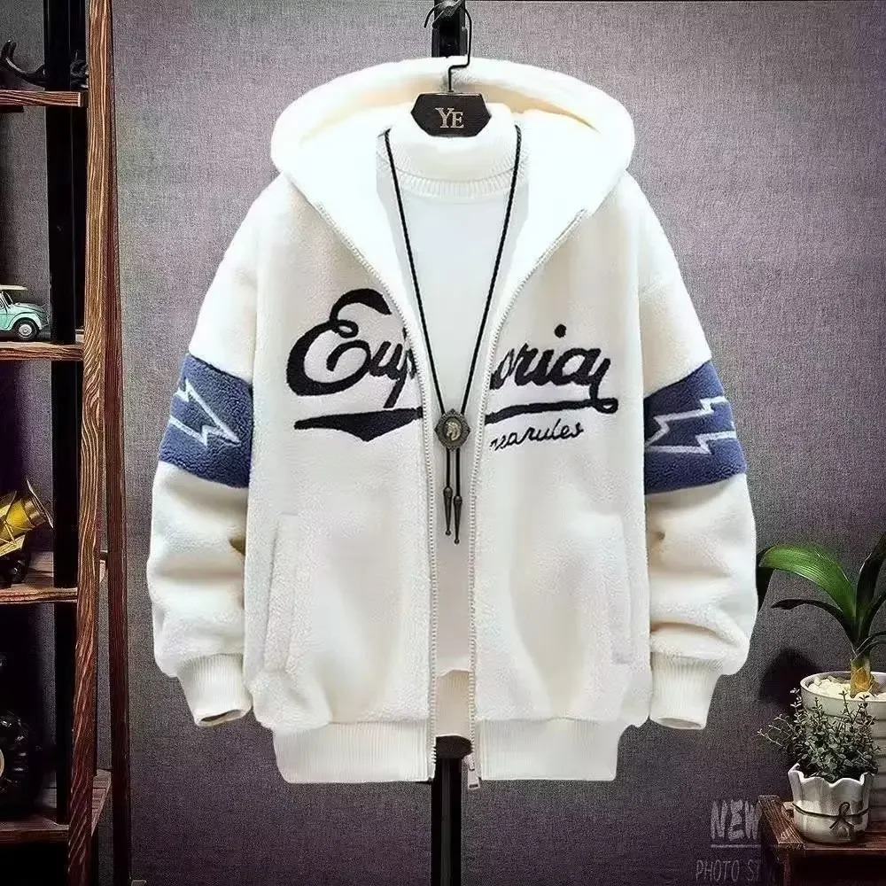 Męska bluza z kapturem polarowa w koreańskim stylu streetwear Biały