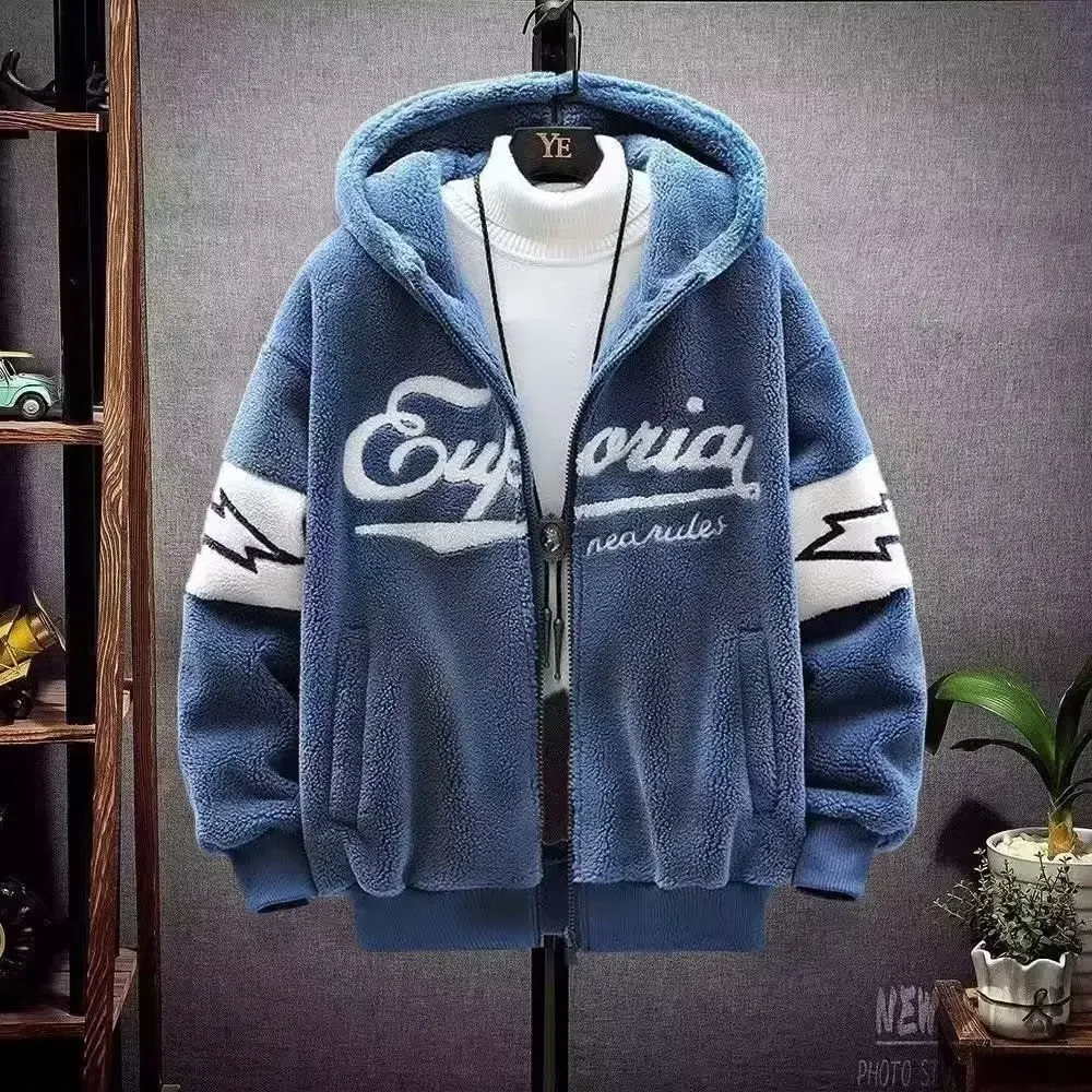 Męska bluza z kapturem polarowa w koreańskim stylu streetwear Niebieski
