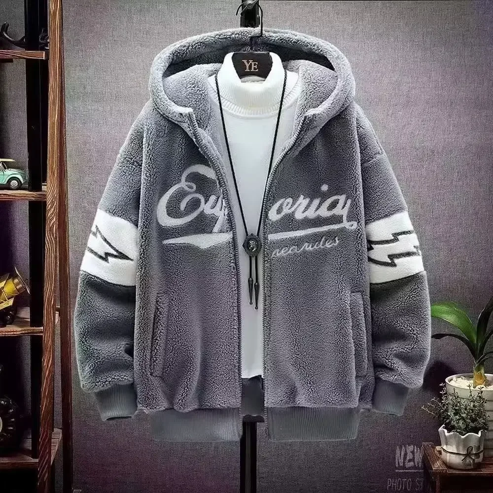 Męska bluza z kapturem polarowa w koreańskim stylu streetwear Szary
