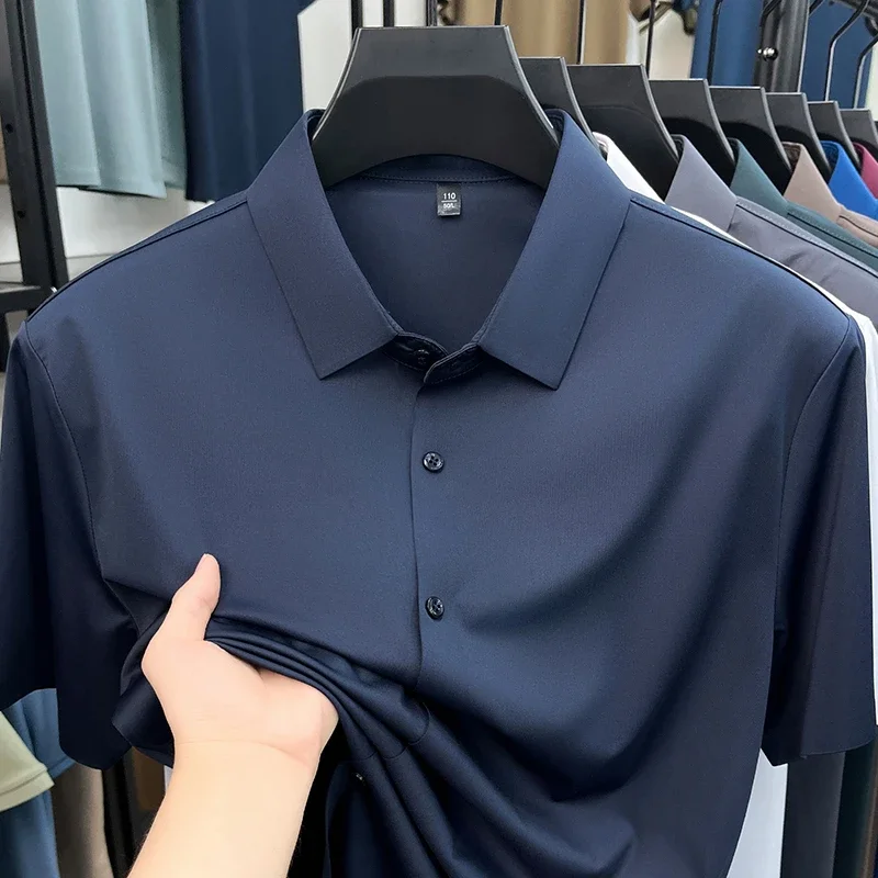Męska koszula biznesowa z krótkim rękawem, elastyczna i niewymagająca prasowania Niebieski