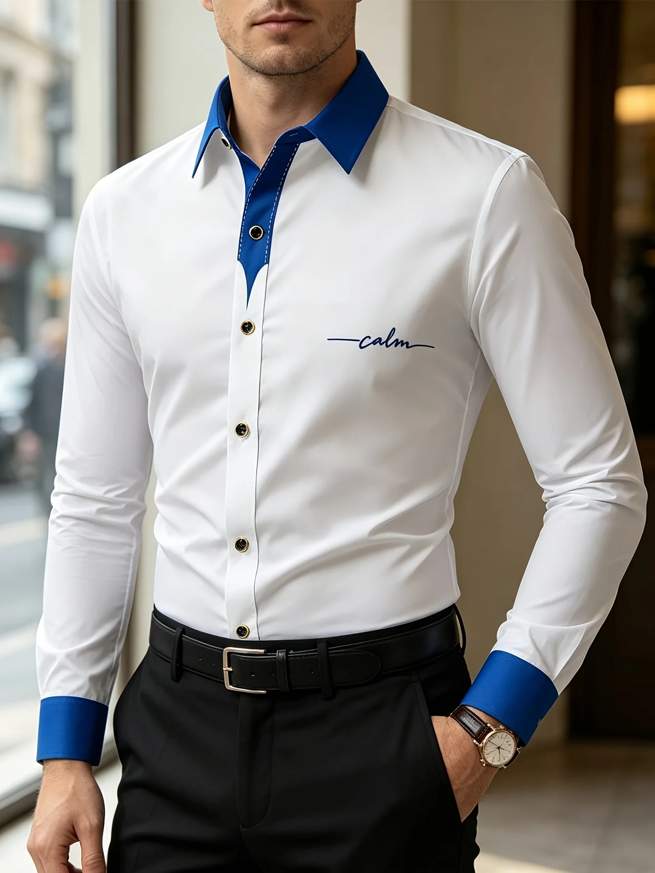 Męska koszula z długim rękawem smart casual z nadrukiem Niebieski