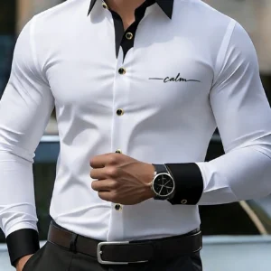 Męska koszula z długim rękawem smart casual z nadrukiem Biały