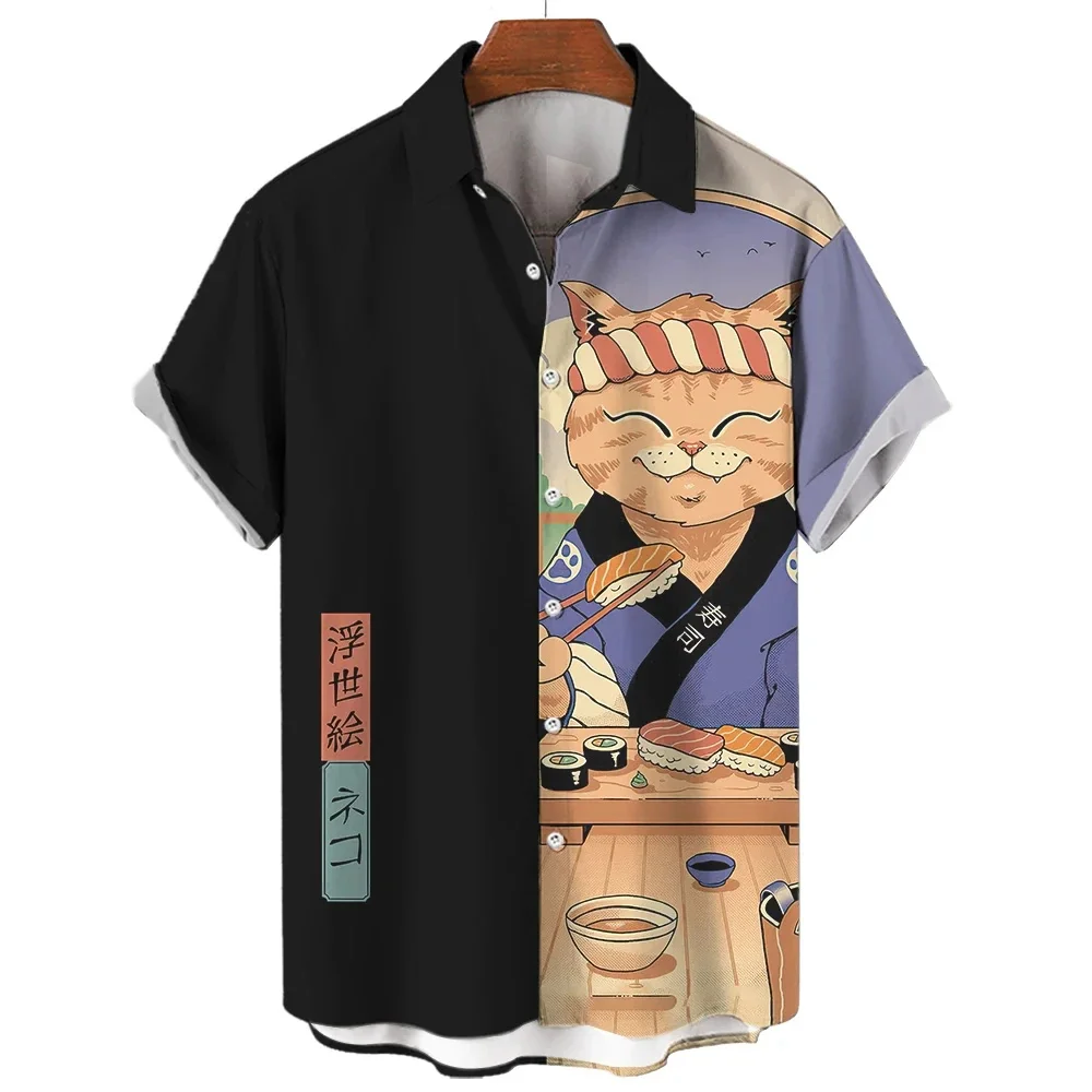 Męska koszula hawajska z nadrukiem kota samuraja, anime S42cs1017