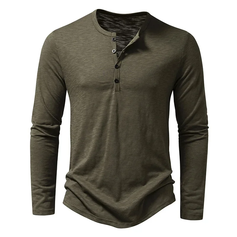 Męska koszula henley z bawełny z długim rękawem Khaki